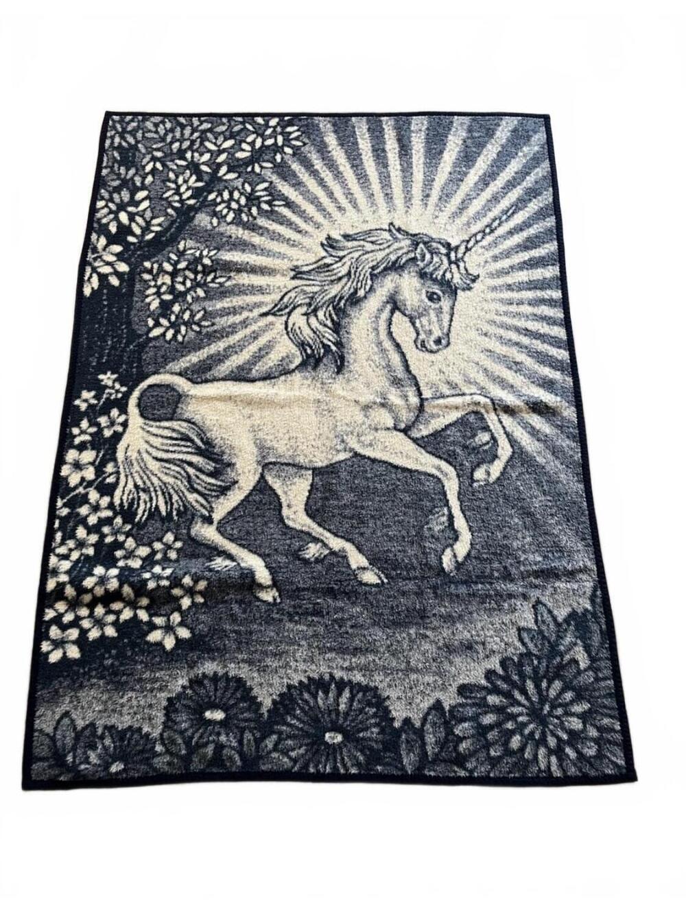 Vintage Ibena By Cannon Unicorn Blanket- 60x80" Dark Navy Blue White NEW NOS
